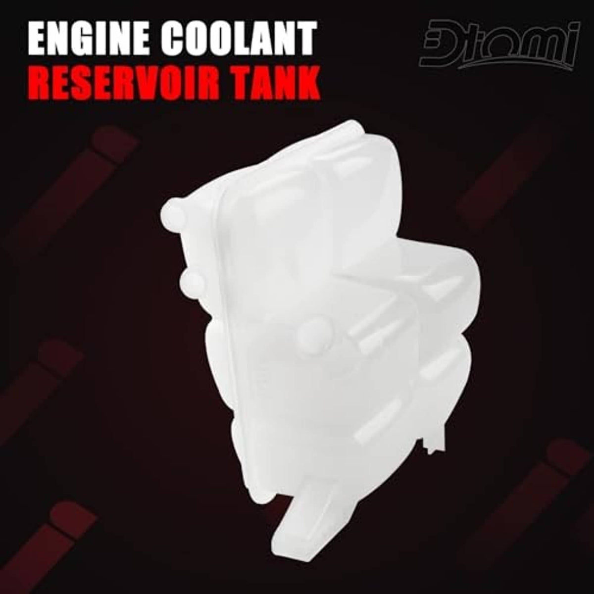 White engine coolant reservoir tank with cap, side view, molded plastic