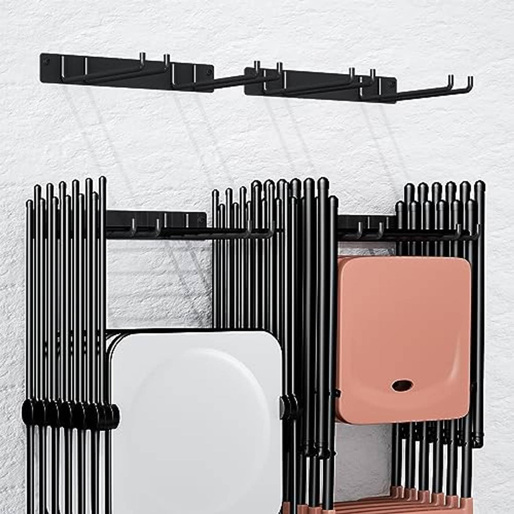 Black folding chair storage rack with dual upper hooks and vertical holder bars