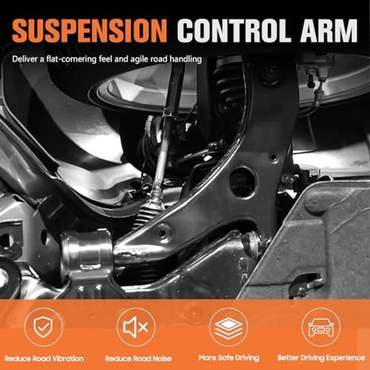 Front suspension control arm undercarriage components for reduced vibration and noise