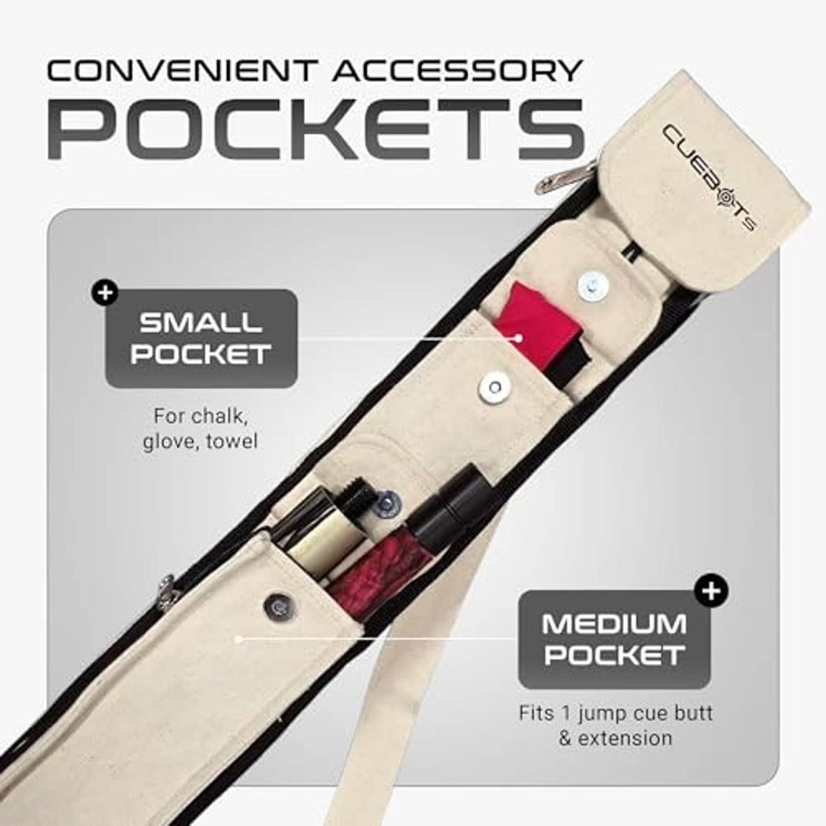 Off-white cue case with interior pockets and two buttoned storage compartments