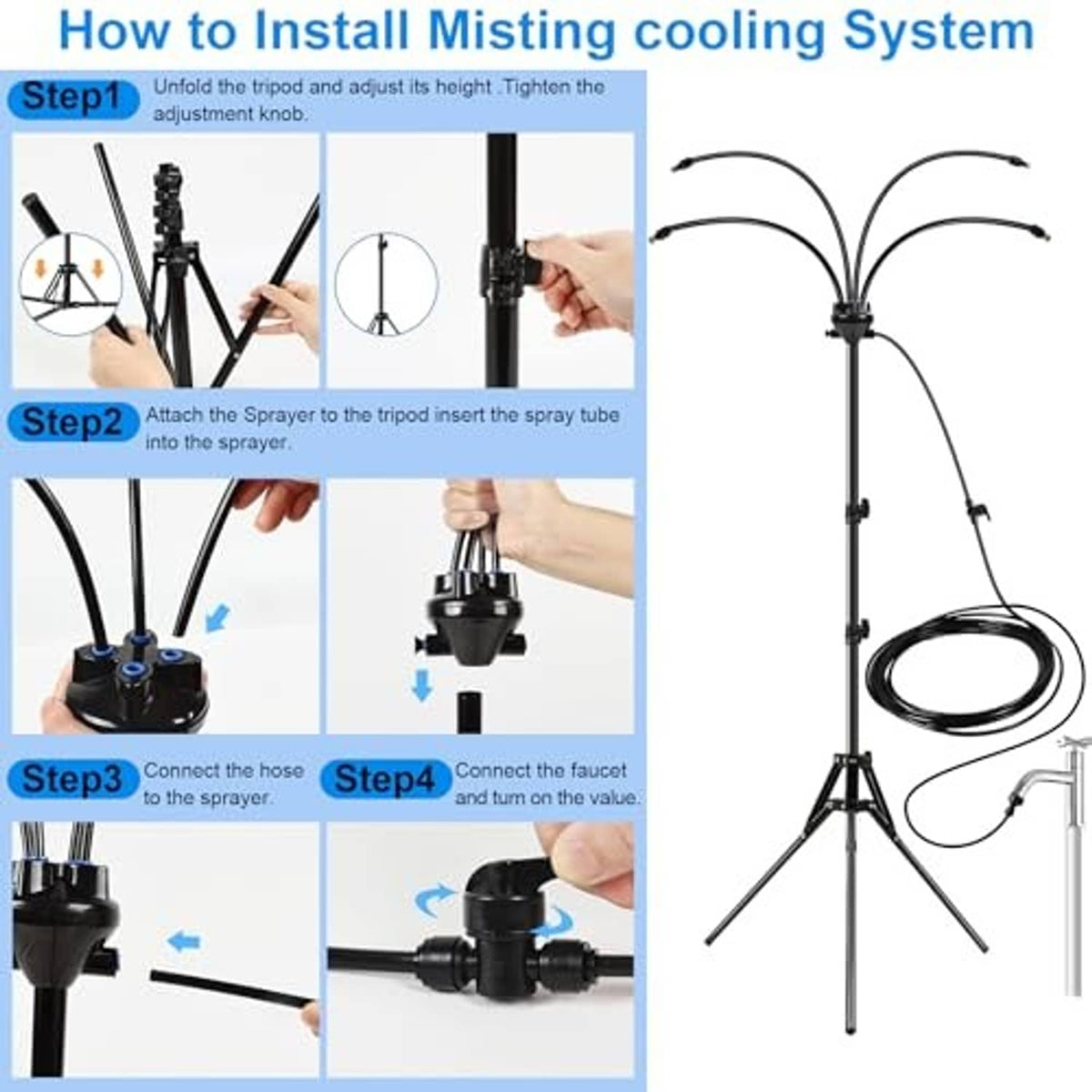 Misting stand installation diagram showing tripod, sprayer, hose, and faucet adapter