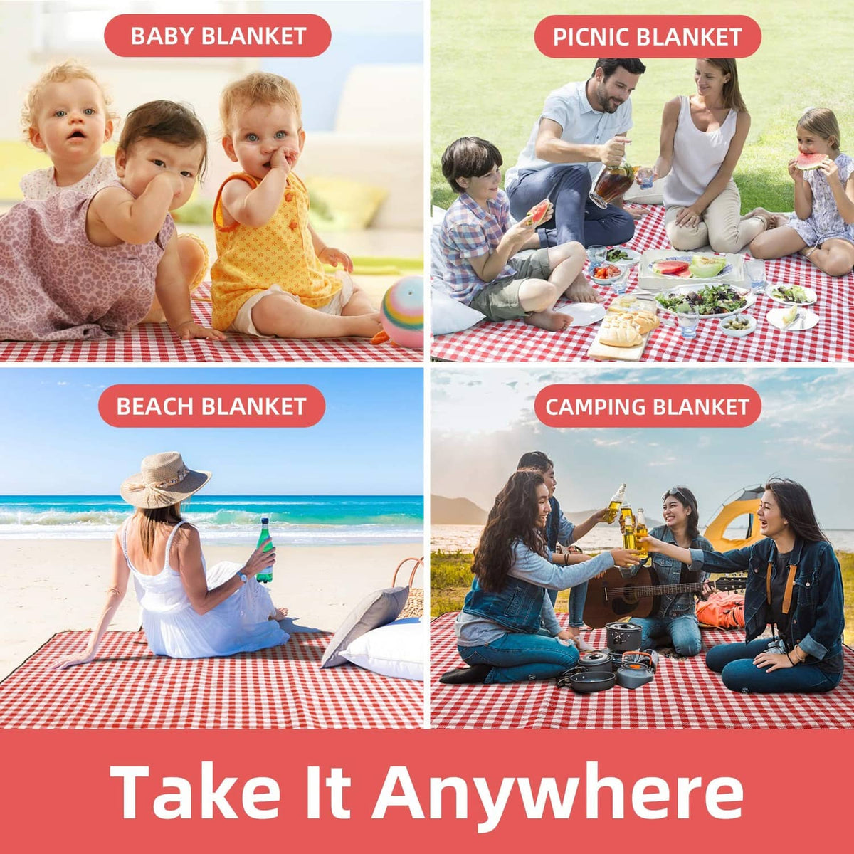 Red and white checkered picnic blanket featured in outdoor lifestyle scenes