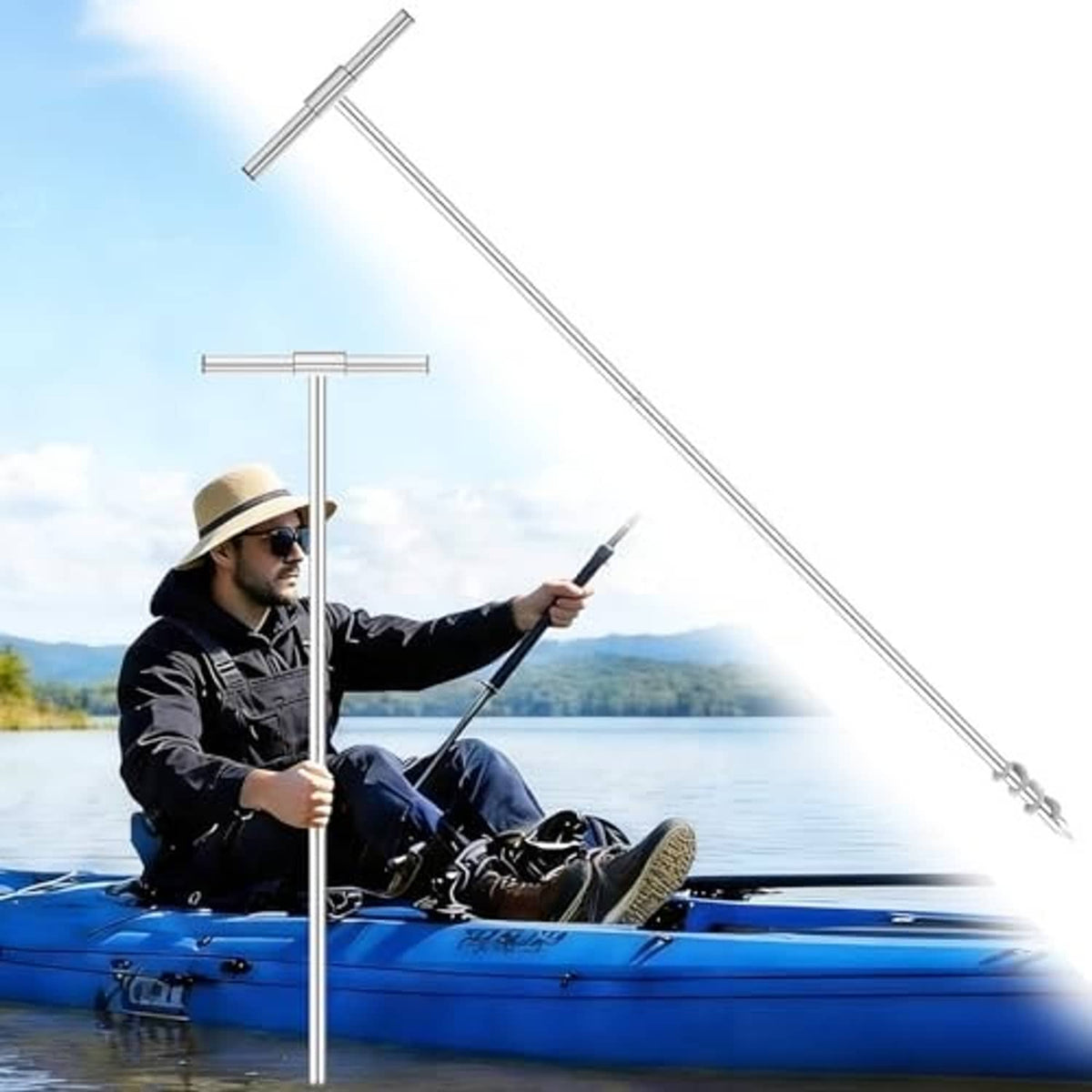 Shallow-water stainless boat anchor pole and crossbar mounted on small boat