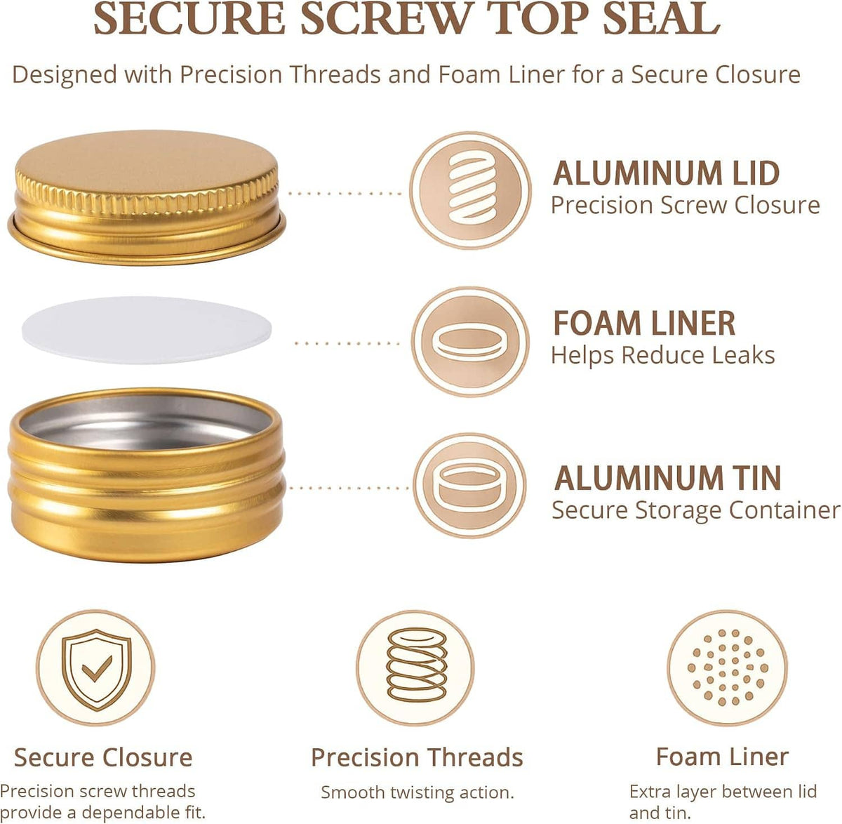 Gold screw-top aluminum tin with open lid and visible interior liner