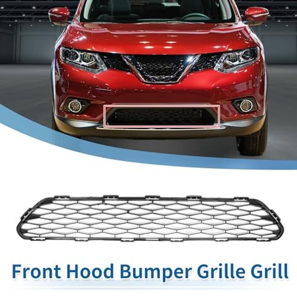 Front bumper lower grille insert with white mesh and black frame on vehicle