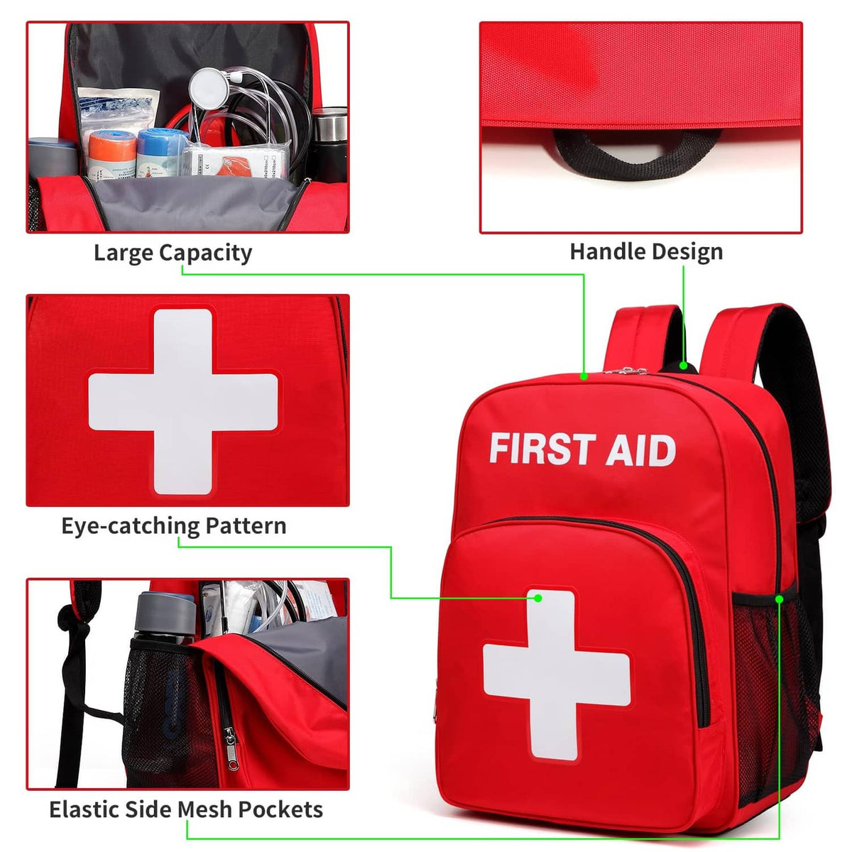 Red first aid backpack detail view: white cross patch, elastic side mesh pockets, handle