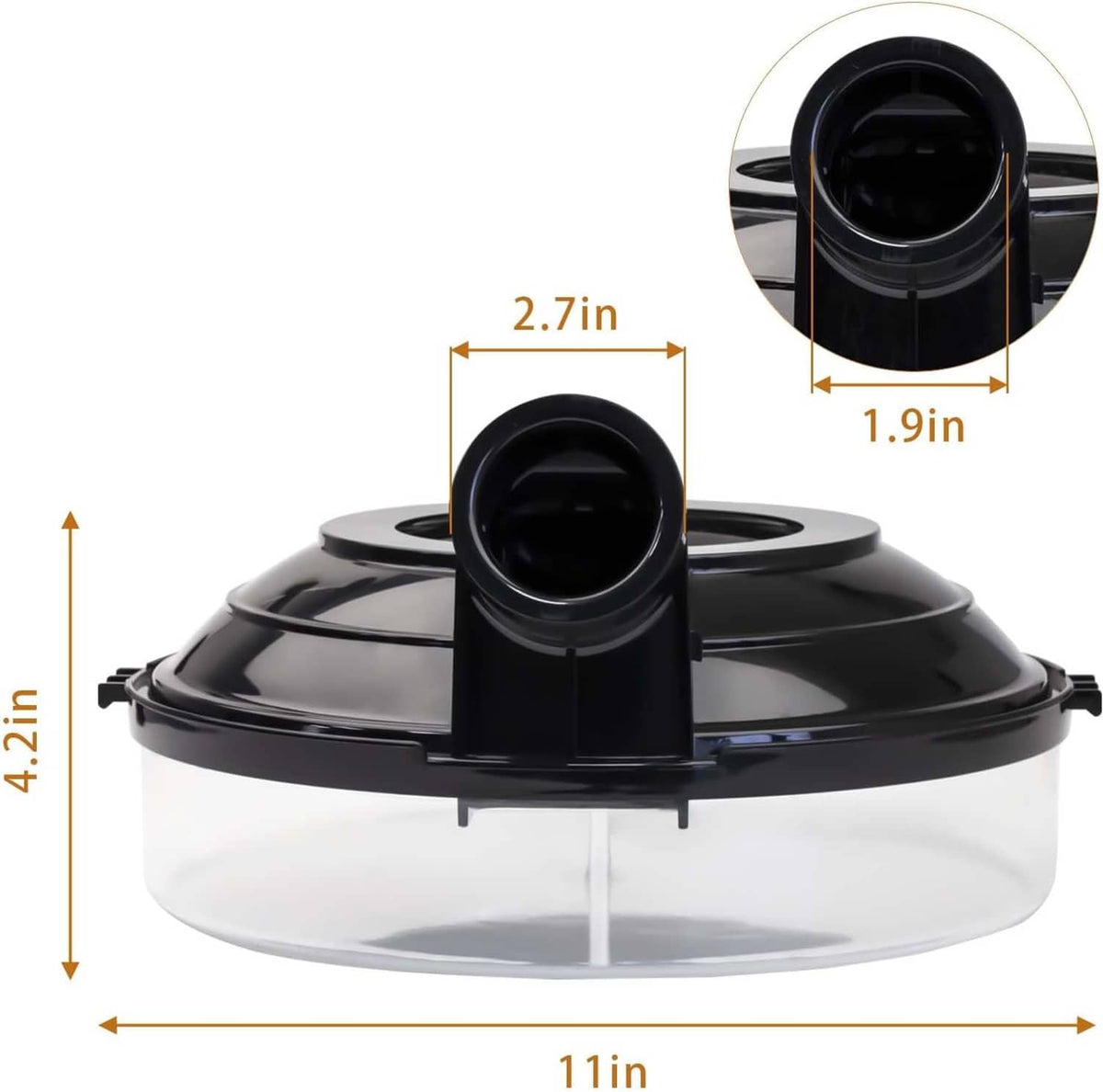 Clear-and-black vacuum basin water pan with center funnel and side outlet