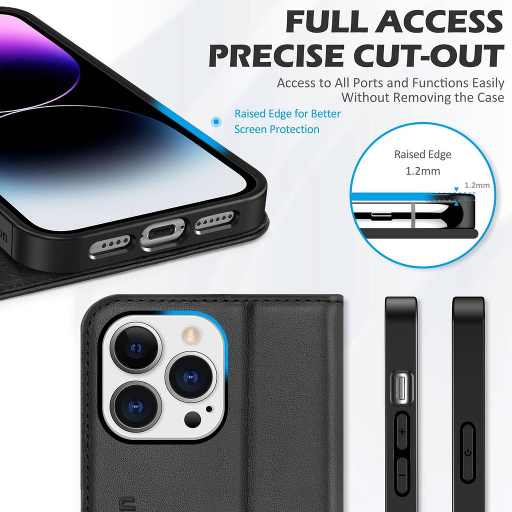 Black leather phone wallet case with camera cutout and side button access