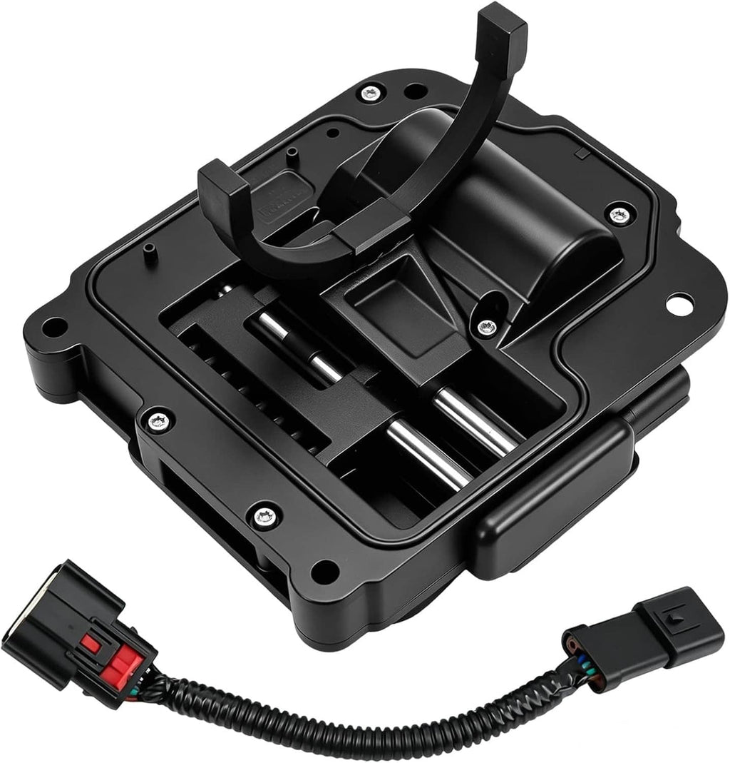Black transfer case actuator assembly with mounting base, arm, and electrical connector leads