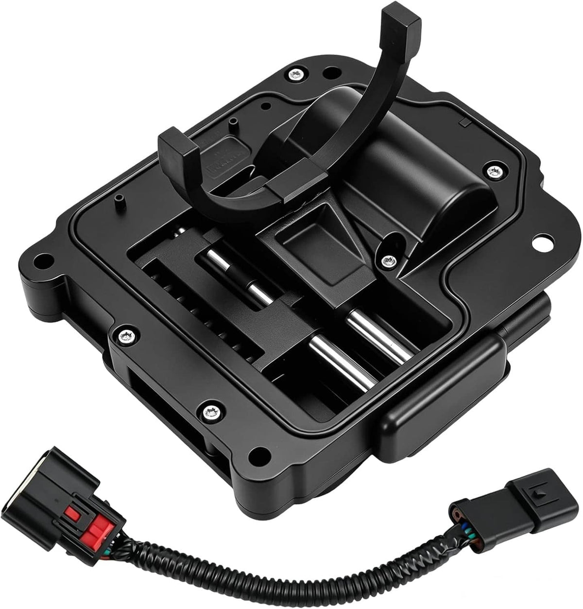 Black transfer case actuator assembly with mounting base, arm, and electrical connector leads
