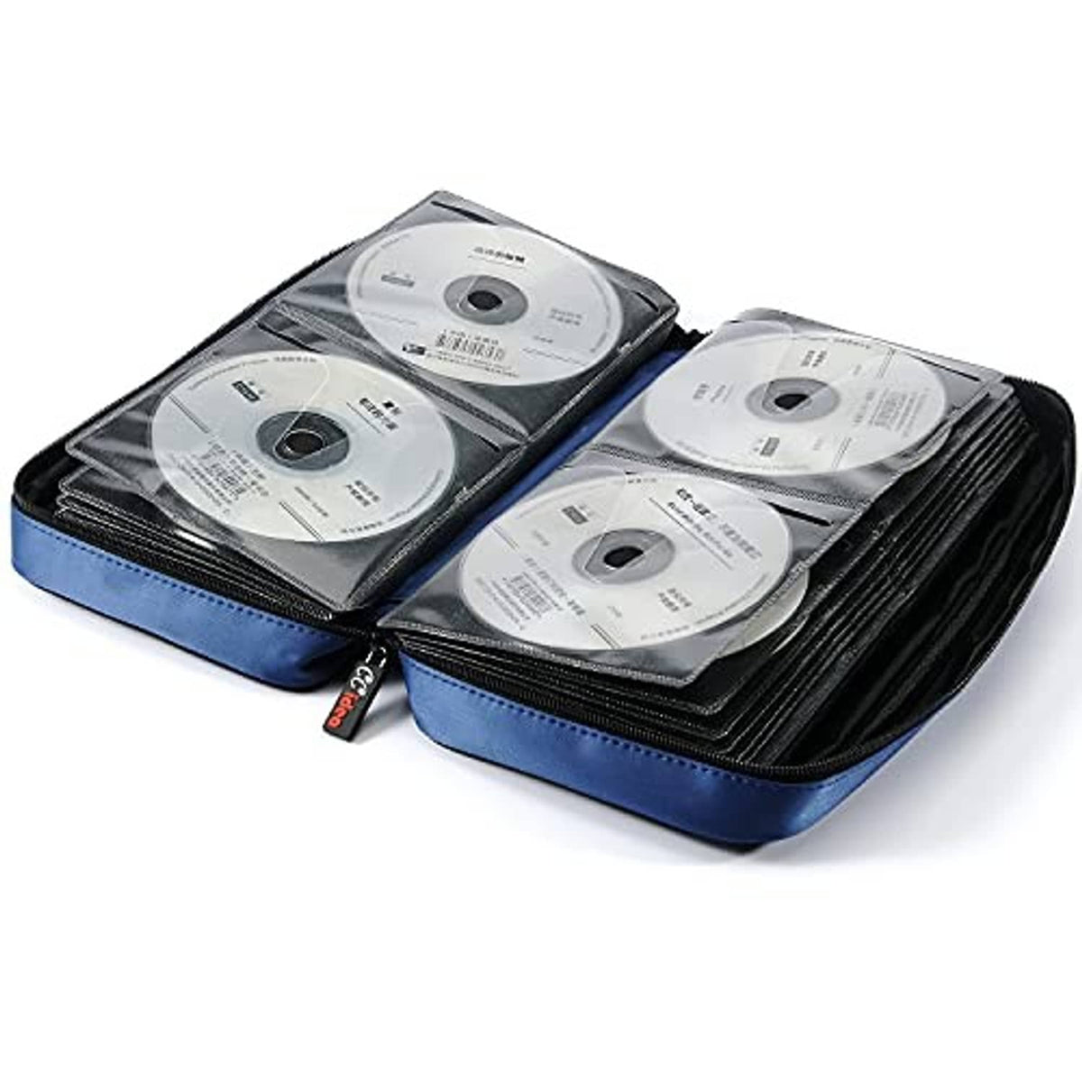 Blue quilted CD/DVD storage wallet holding disc sleeves with transparent windows.