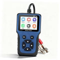12V car battery tester with blue touchscreen and red/black clamp connectors
