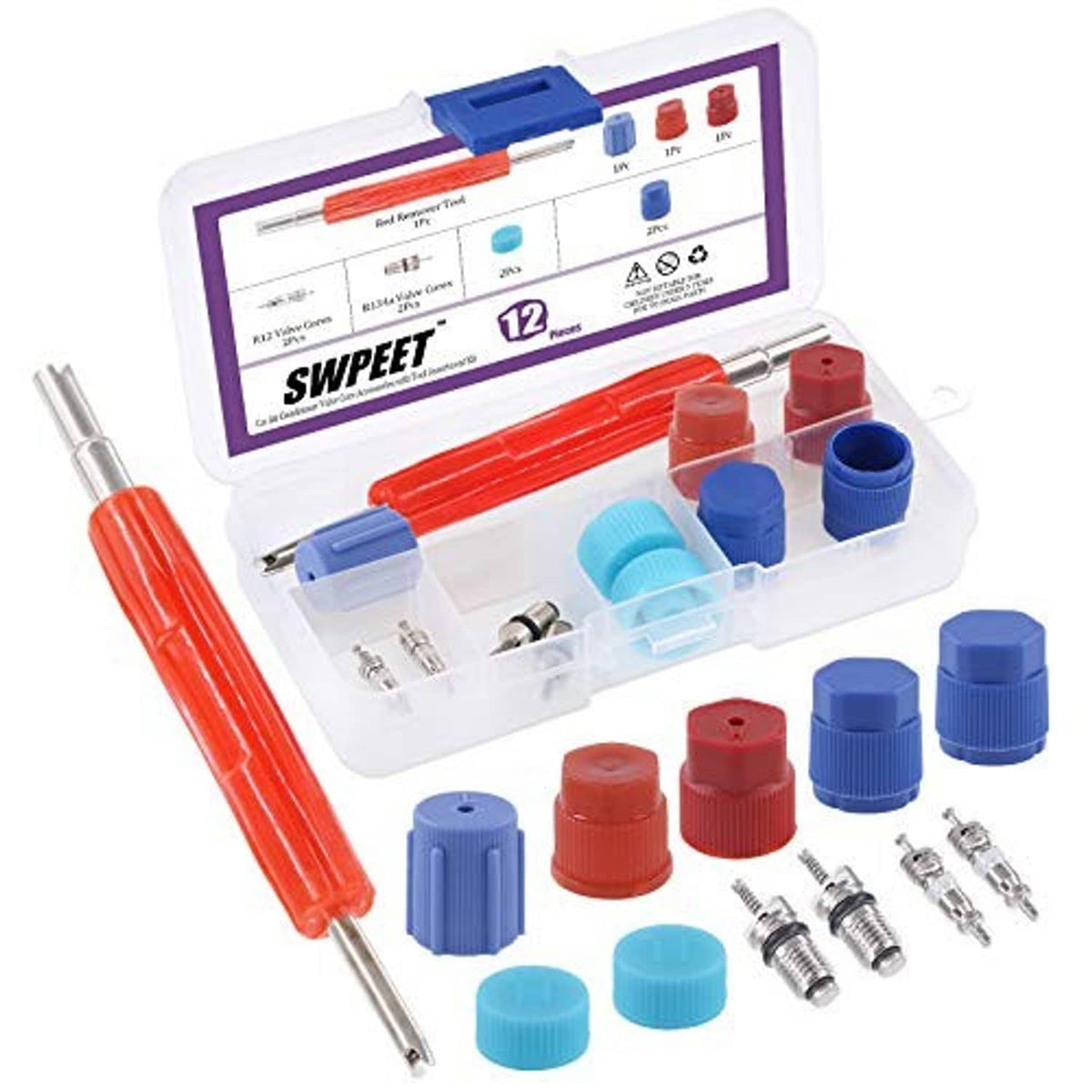 12-piece AC refrigerant valve core kit with caps, stems, and red remover tool