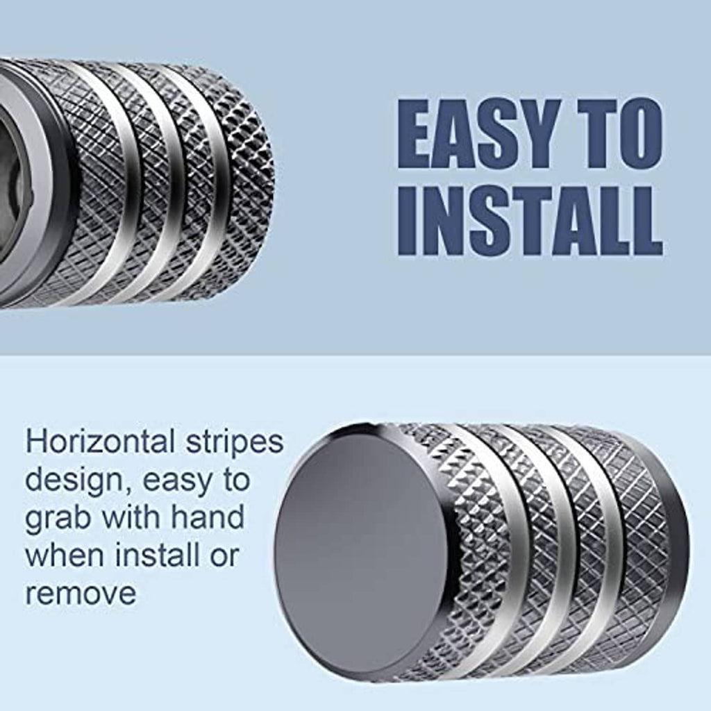 Grey metal tire valve cap with textured sleeve and flat top cover