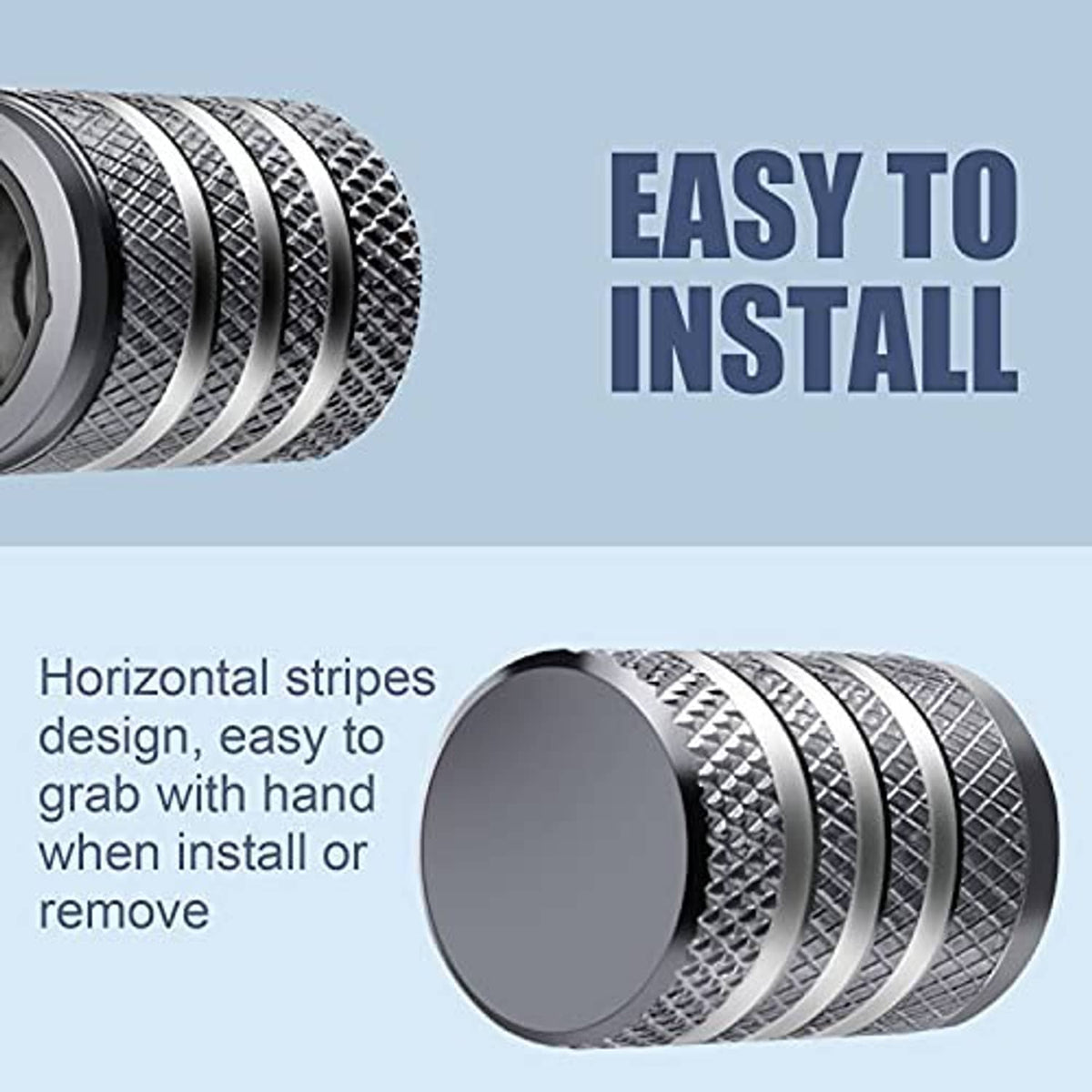 Grey metal tire valve cap with textured sleeve and flat top cover