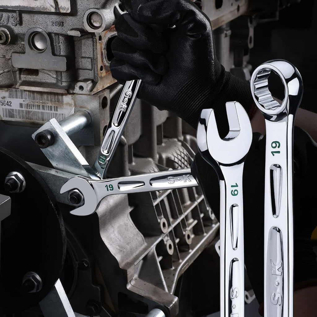 Combination wrench with 19mm marking and 12-point open end, used on vehicle