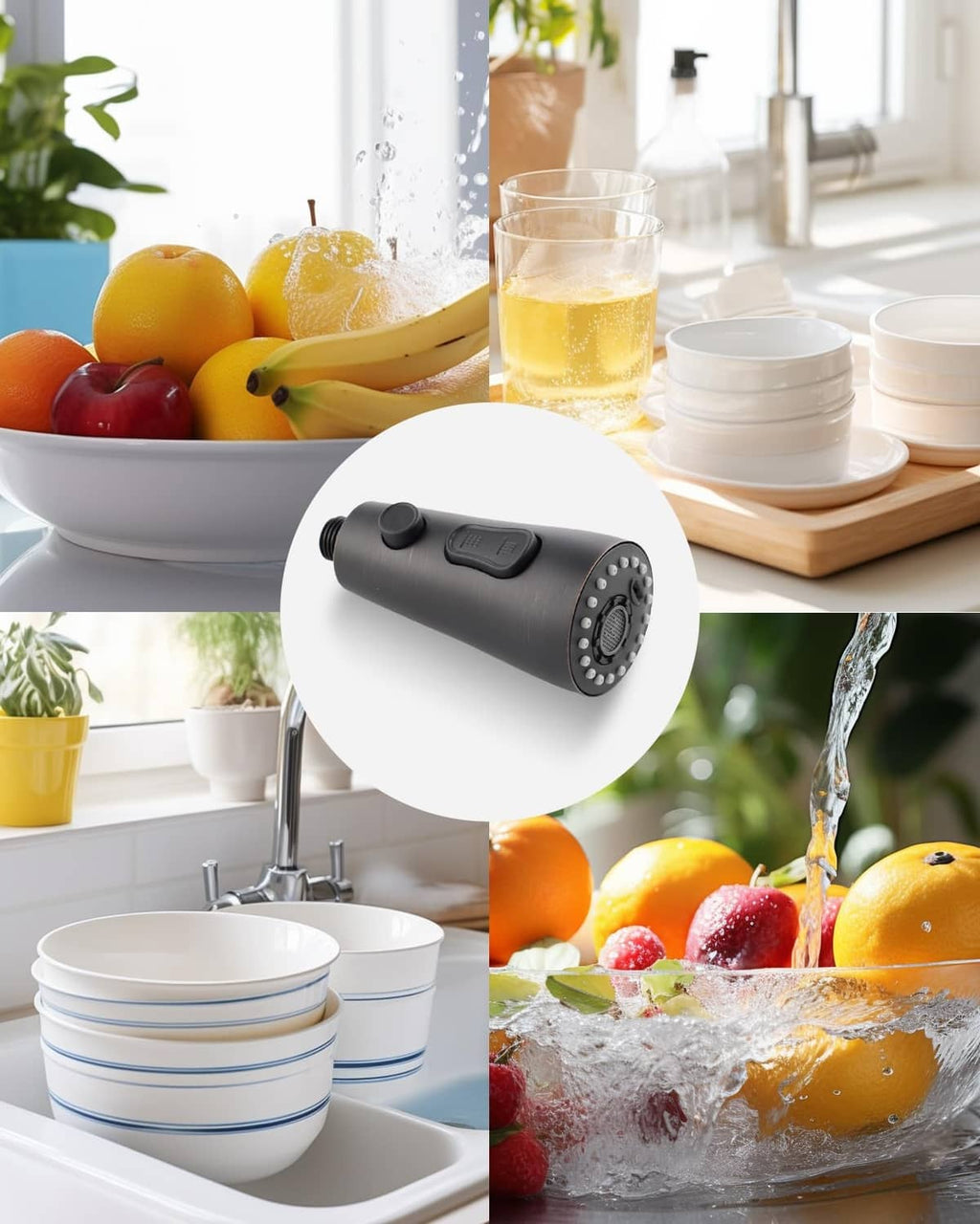 Pull-down faucet spray head in use with fruit rinsing and water flow