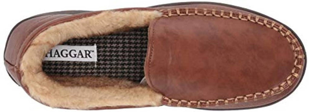 Men's tan slip-on house shoe with faux fur lining; HAGGAR label on insole