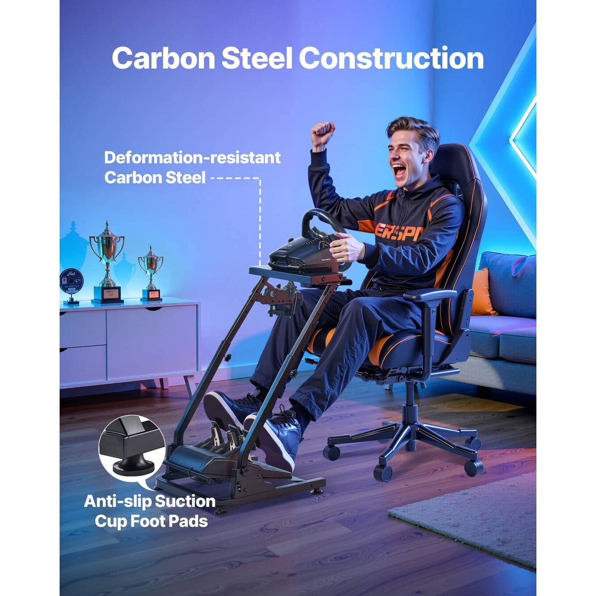 Racing wheel stand with steel frame and suction-cap feet for stable simulator use