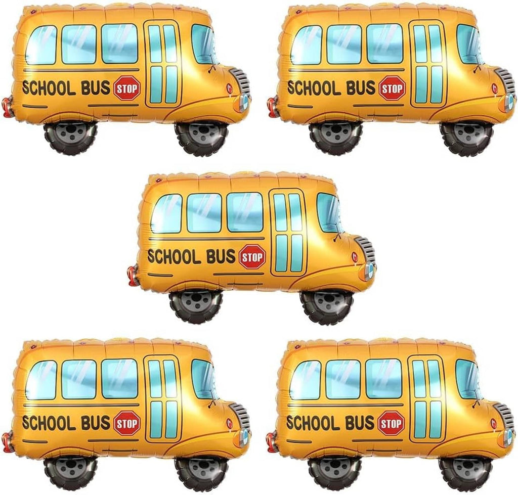 Five-piece school bus balloon set showing multiple angles; yellow bus with blue windows
