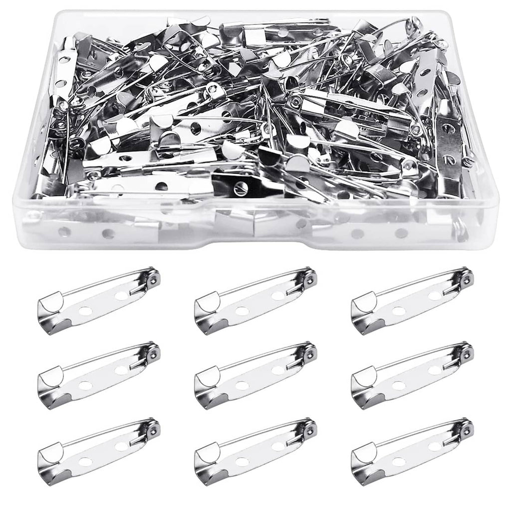 Silver bar pin brooch clasps in plastic organizer box, with hinged safety backs
