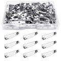 Silver bar pin brooch clasps in plastic organizer box, with hinged safety backs