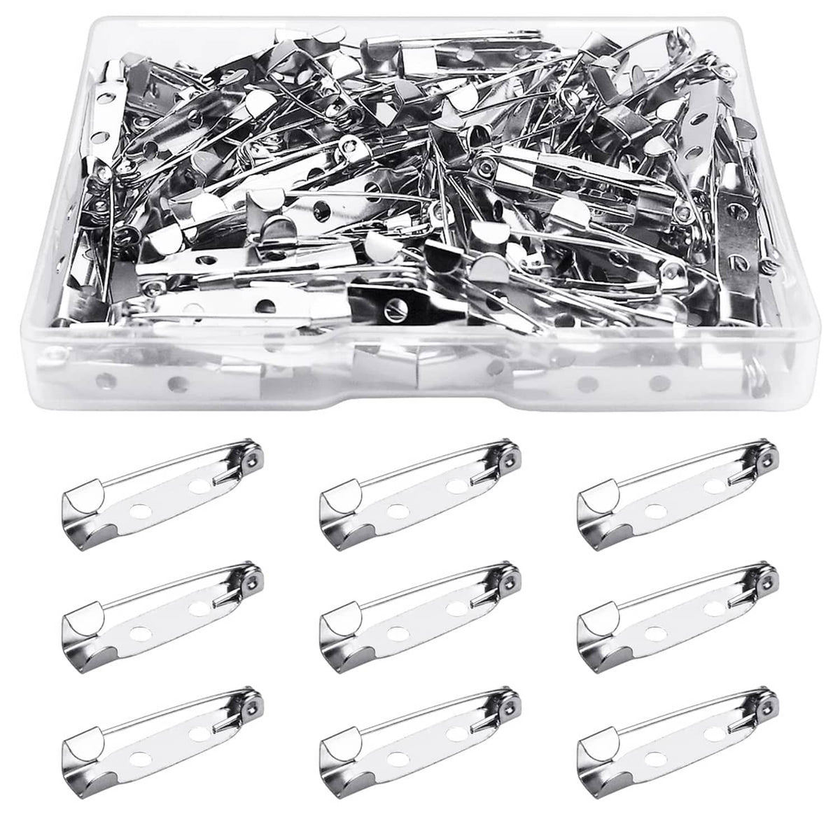 Silver bar pin brooch clasps in plastic organizer box, with hinged safety backs