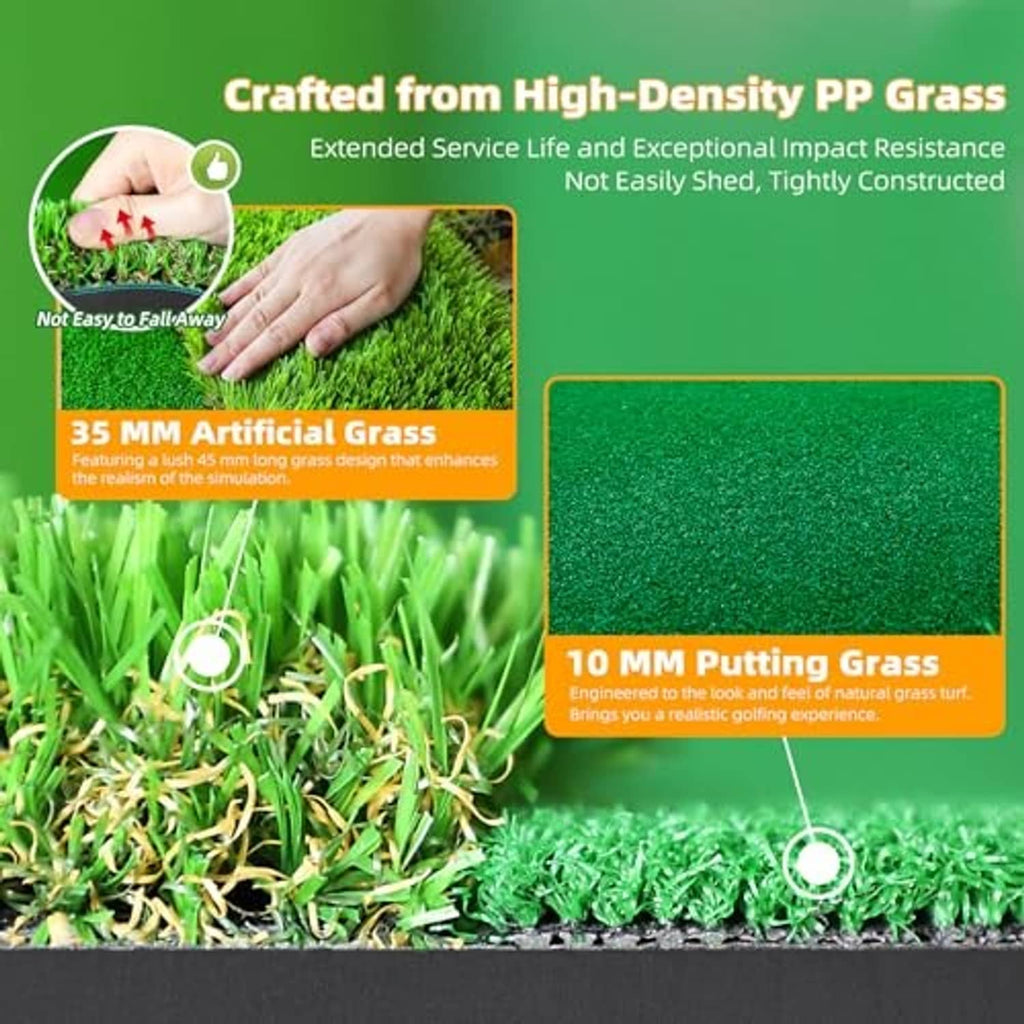 Green artificial putting turf with dense short blades and textured pile surface