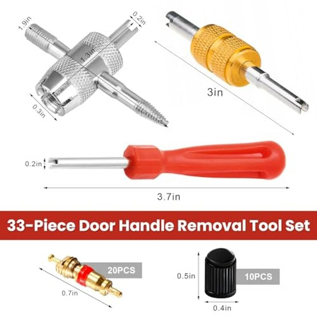 Valve core puller tool, chrome and gold heads with threaded posts and red handle