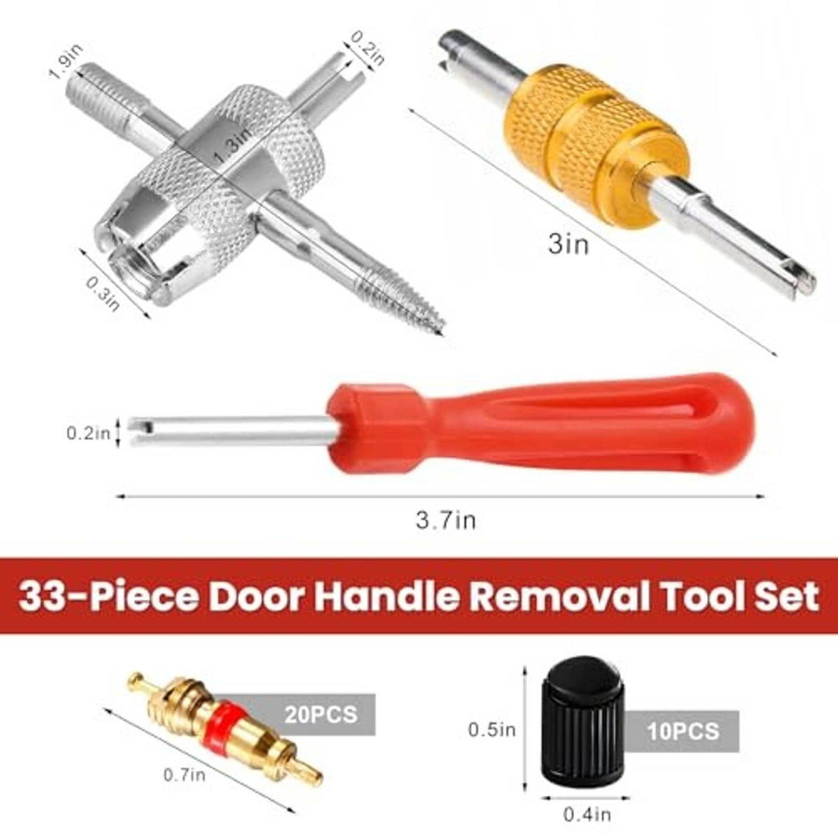 Valve core puller tool, chrome and gold heads with threaded posts and red handle