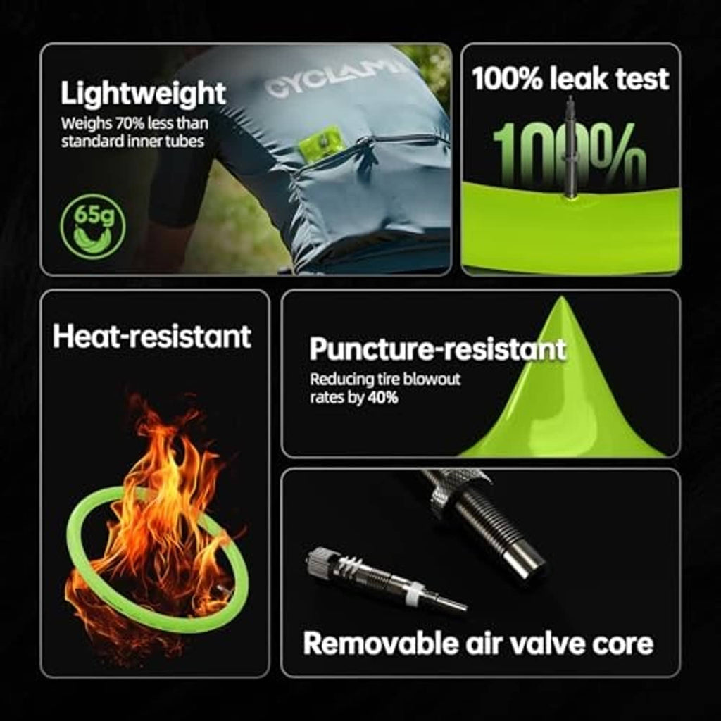 TPU MTB inner tube product card showing valve core and durability icons