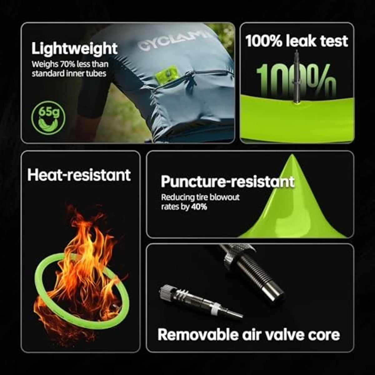 TPU MTB inner tube product card showing valve core and durability icons