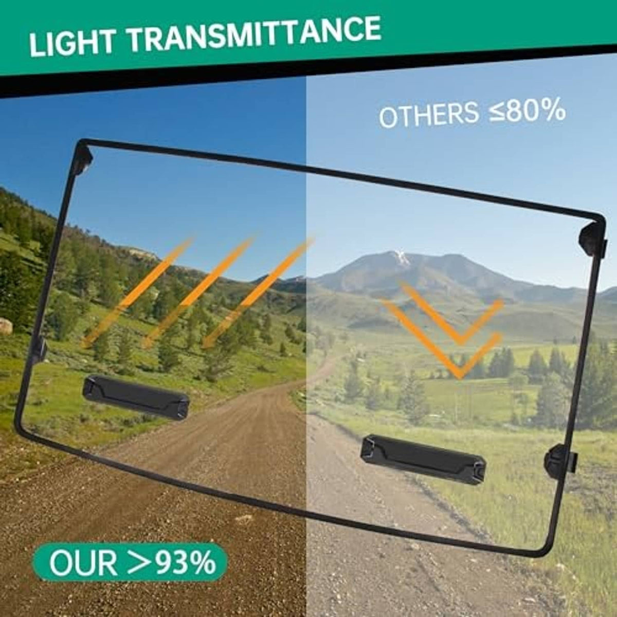 Vented UTV windshield panel with black frame, showing airflow vent openings