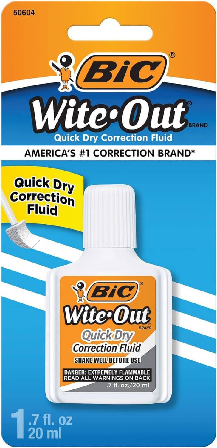 BIC Wite-Out quick-dry correction fluid, white bottle with cap, 20 ml.