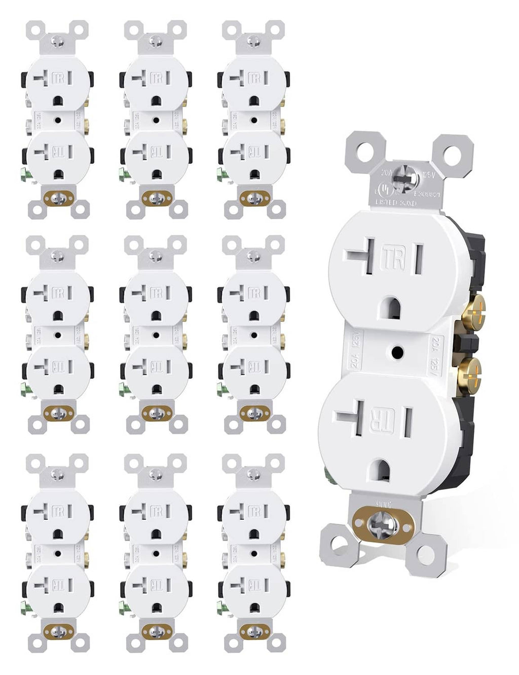 Set of white duplex receptacles, tamper-resistant front and back views