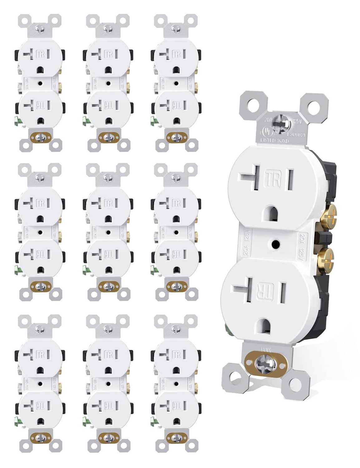 Set of white duplex receptacles, tamper-resistant front and back views