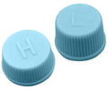 Pair of light blue A/C valve caps with ribbed grip and H marking