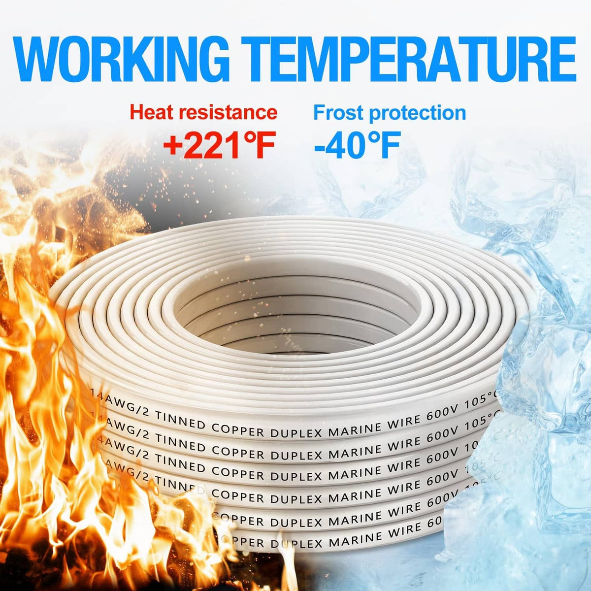Spool of white PVC-jacket duplex marine wire with tinned copper, coiled with printed text.