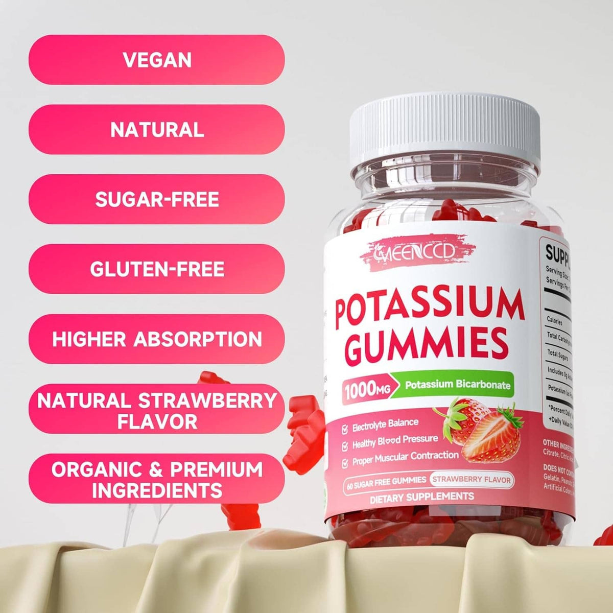 MEENCCD potassium gummies bottle with vegan, natural, sugar-free and gluten-free badges