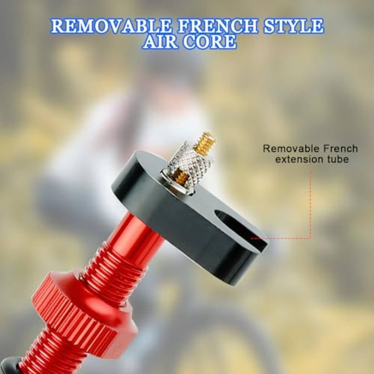 Removable French-style air core with red extension tube and metal Presta core