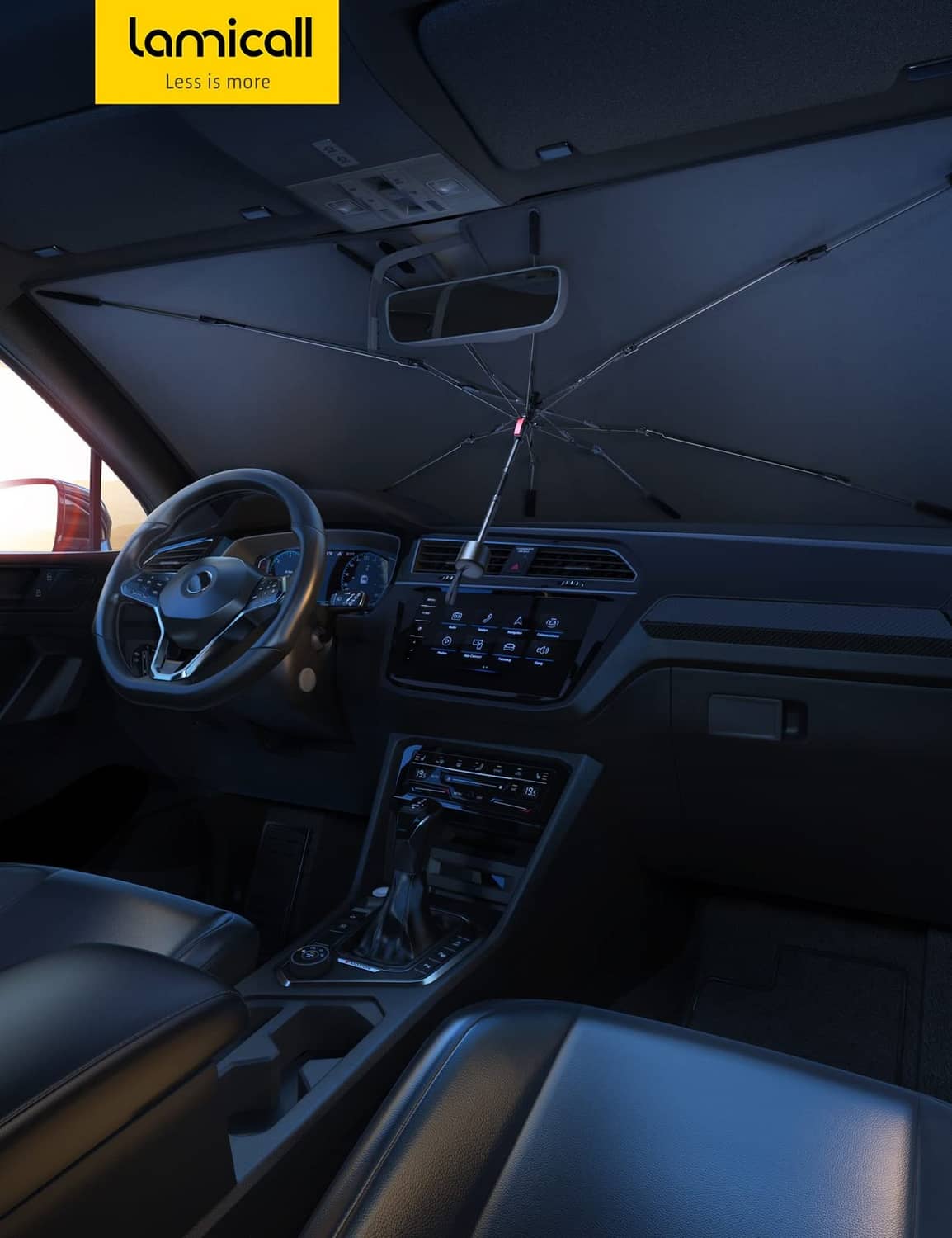 Windshield sunshade umbrella installed over the front glass from the driver seat