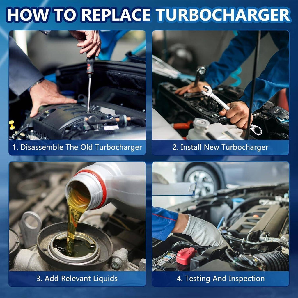 Turbocharger replacement process collage with hands working in engine bay