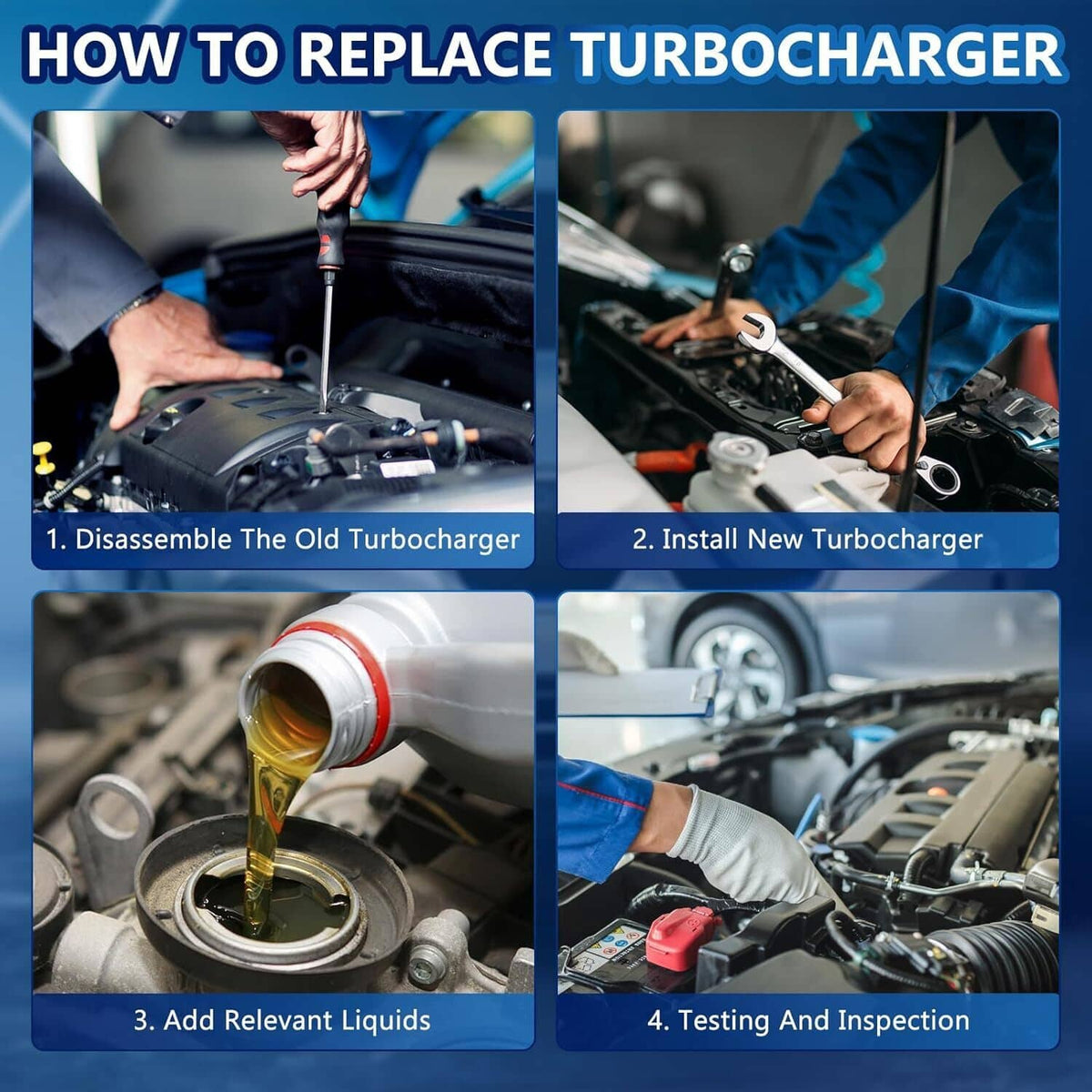 Turbocharger replacement process collage with hands working in engine bay