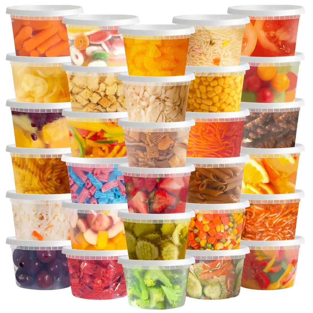Clear plastic deli containers with lids, stacked set for meal prep storage