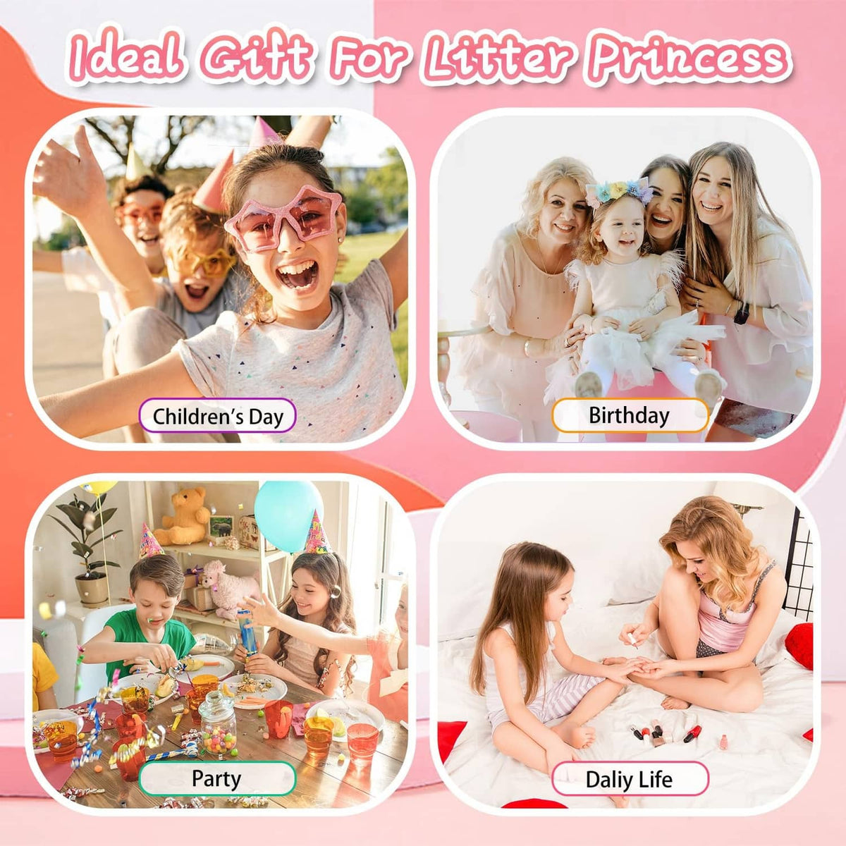 Kids nail polish gift scenes with children and families celebrating
