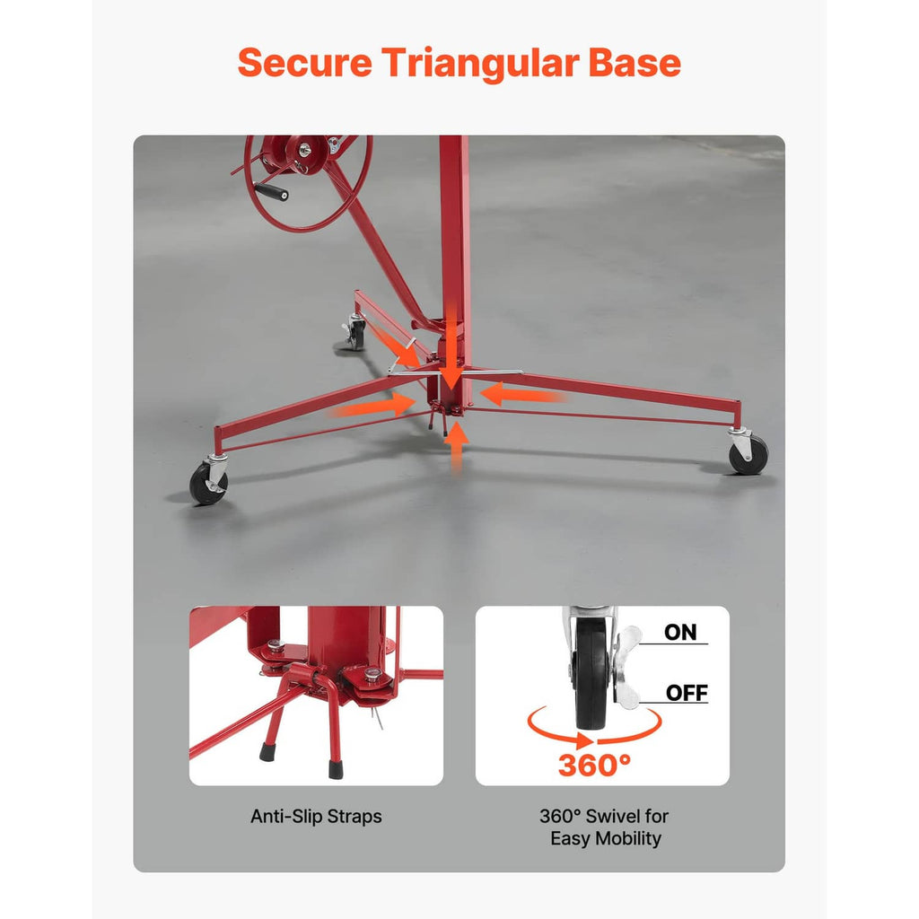 Drywall lifter hoist with triangular base, anti-slip straps, and caster wheels