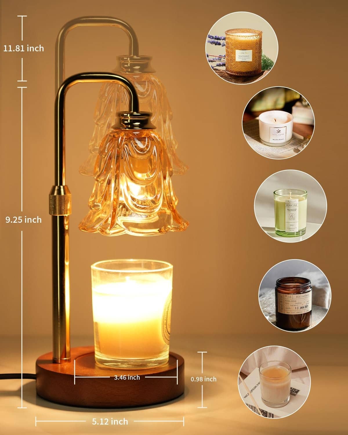 Gold tulip candle warmer lamp with clear glass shade and round wood base
