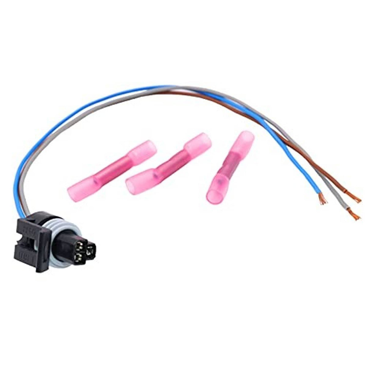 Sensor connector pigtail harness with three pink terminals and cut wire leads