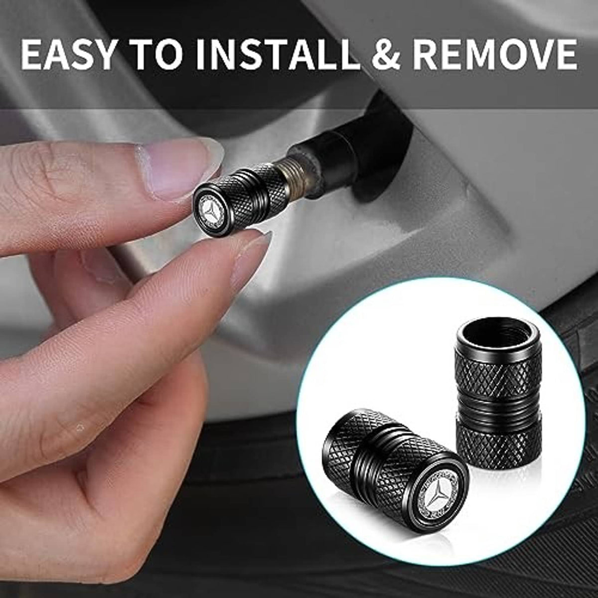 Black Mercedes-Benz tire valve stem cap being installed on a wheel valve