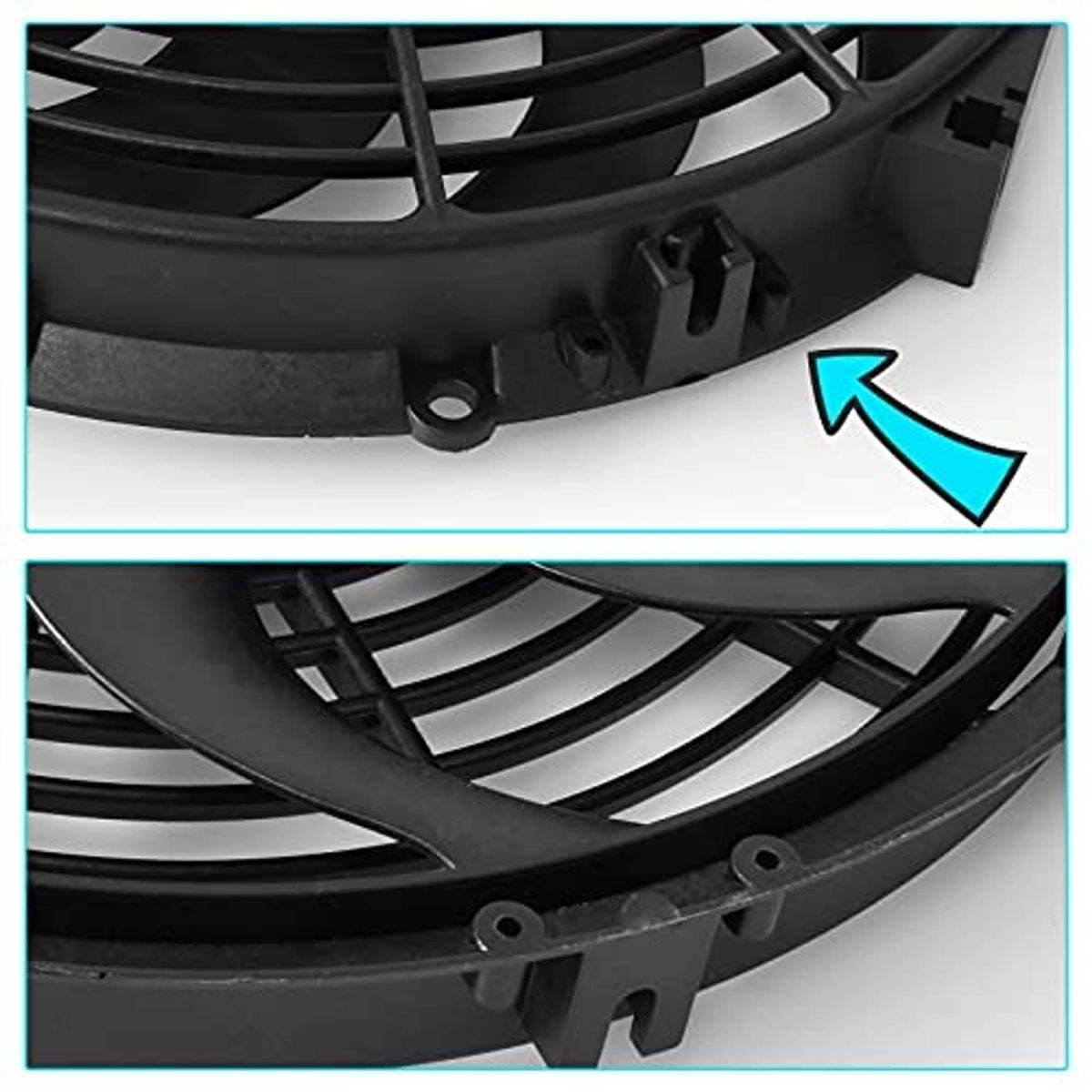 Black fan grille shroud with mounting clips and attachment points close-up